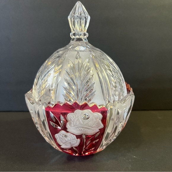 Anna Hutte Bleikristall Candy Dish Covered Lead Crystal Red Cranberry Ruby Flash - Picture 3 of 10